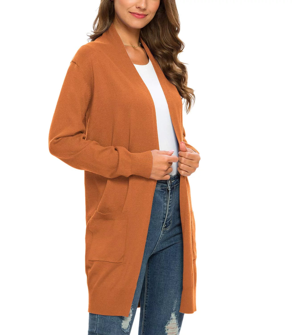 Solid Open Front Long Knit Cardigan Sweater V97500