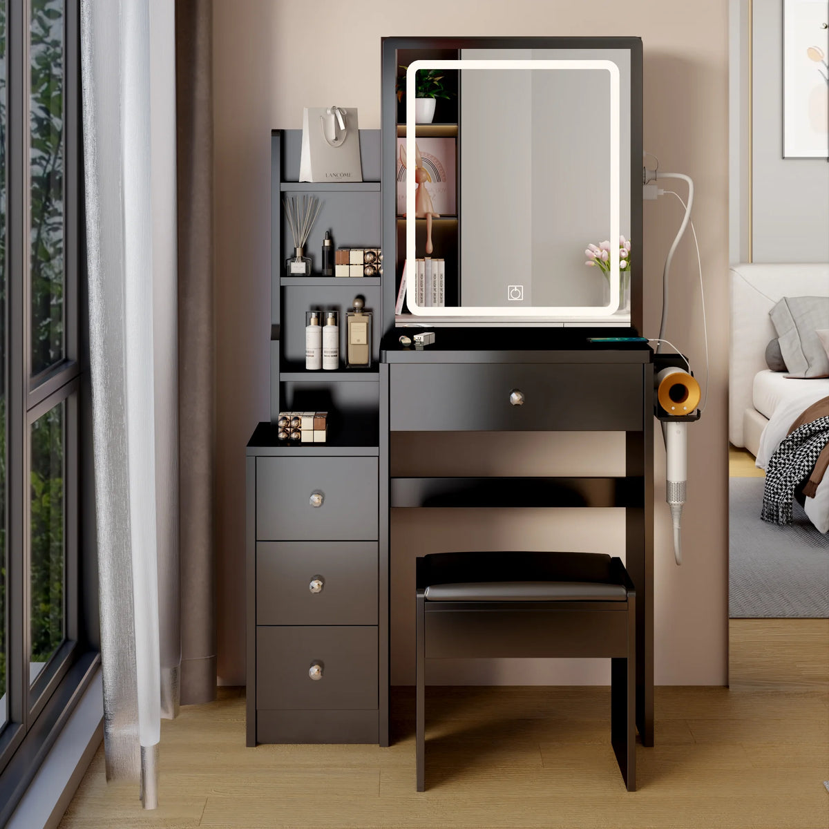 White Vanity Table with Lighted Mirror and Stool E102274