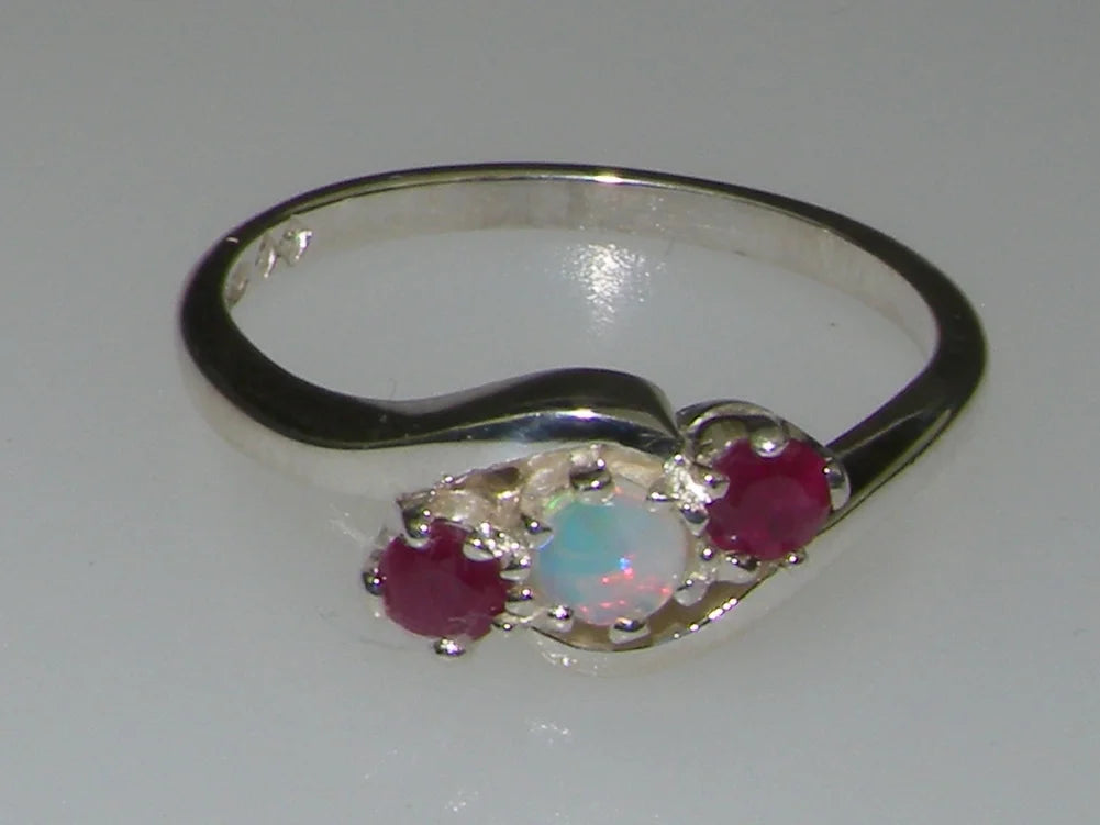 18k White Gold Natural Opal & Ruby Trilogy Ring A861