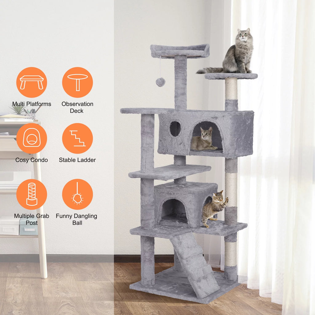 55-in Light Gray Cat Tree & Scratching Post Tower E677