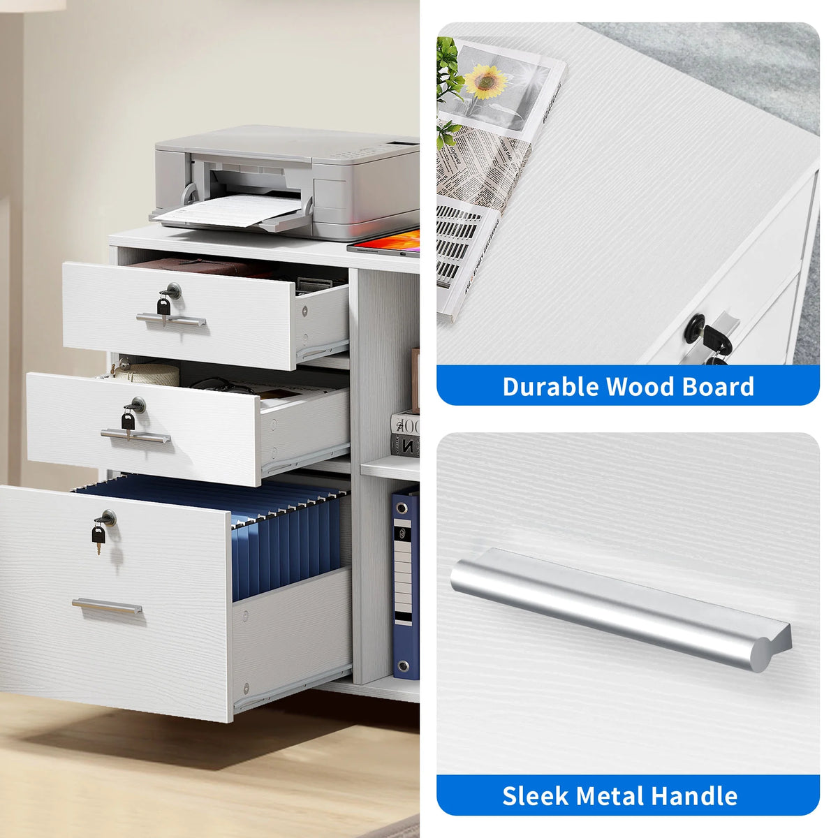 White 3 Drawer File Cabinet with Charging Station D92366