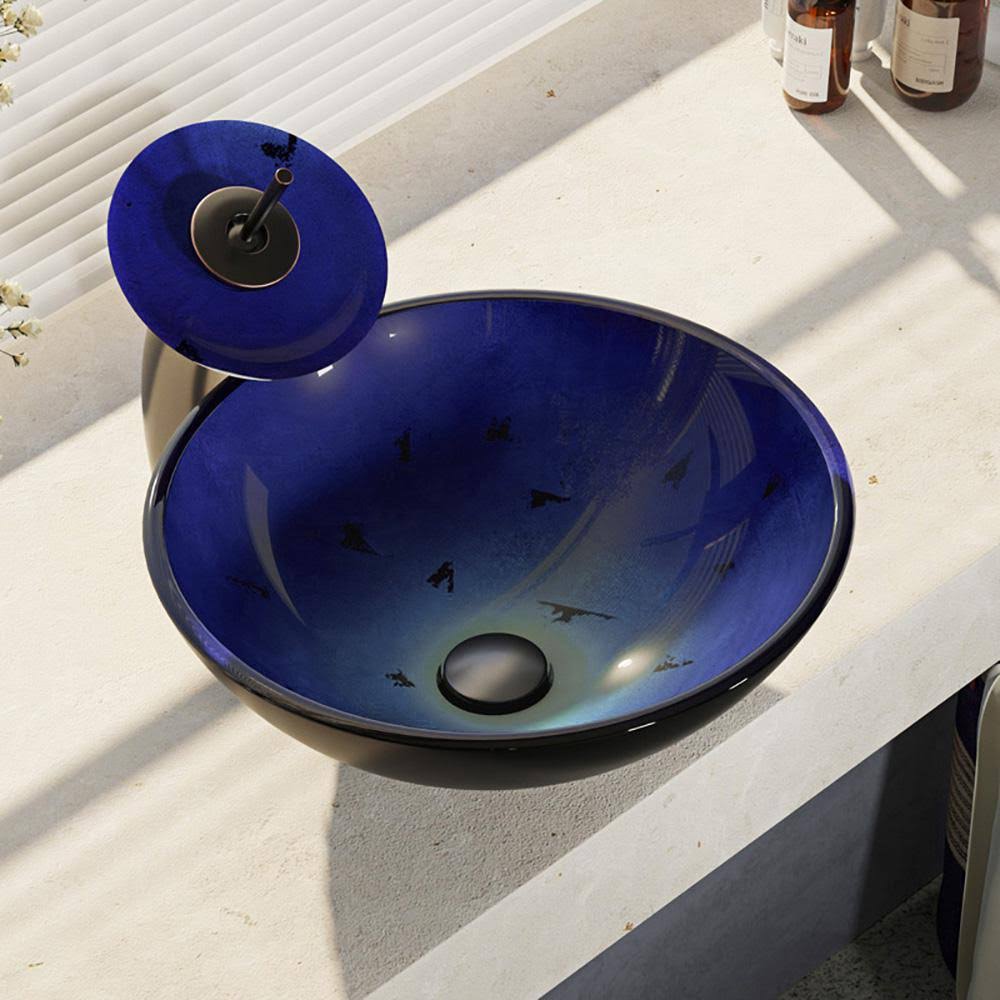 Foil Undertone Glass Vessel Sink with Antique Bronze Waterfall Faucet F56733
