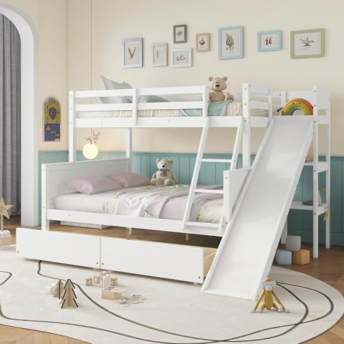 Twin Over Full Wood Bunk Bed with Slide and Storage Drawers H79311