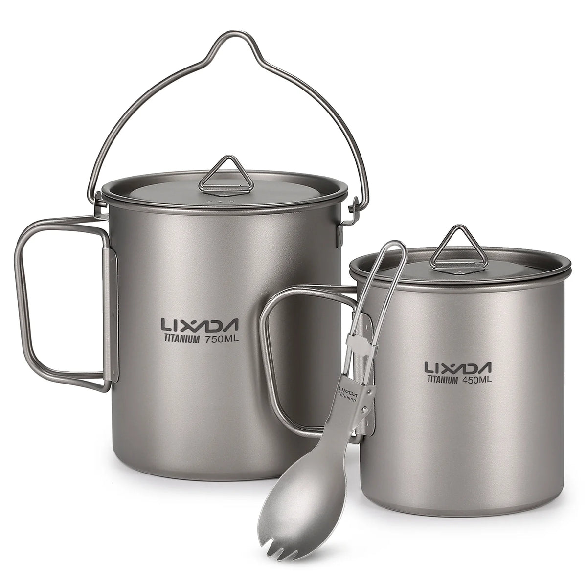 Titanium 3 Pieces Set 750ml Pot 450ml Cup with Lid Folding Spork R811
