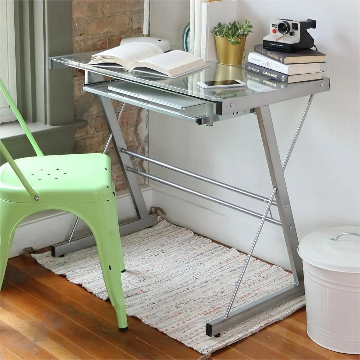 Small Work from Home Office Laptop Computer Desk with Glass Top in Silver P77178