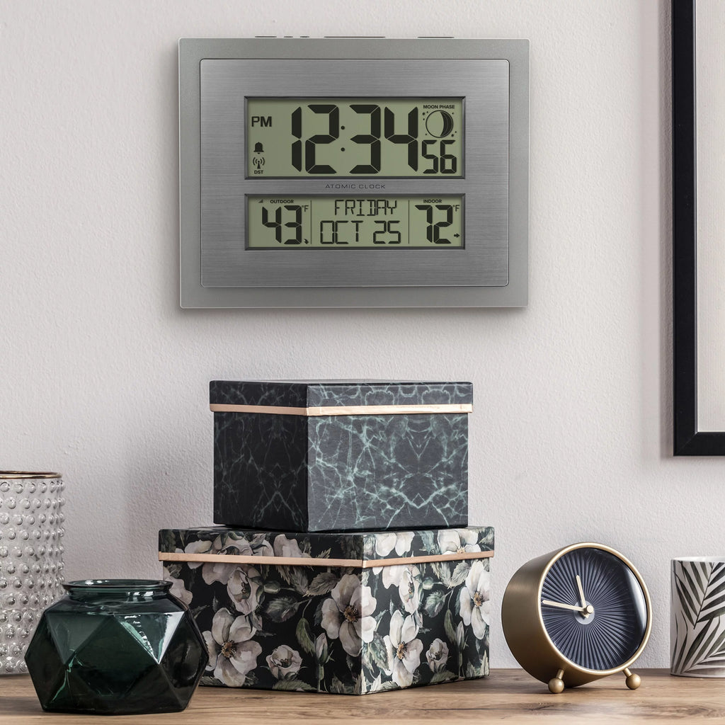 Silver Atomic Wall Clock with Moon Phase W280716