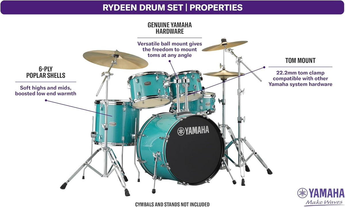5-Piece Drum Set with 22" Bass Drum, Floor Tom, 2 Toms, Wood Snare Drum, Turquoise Glitter X986156