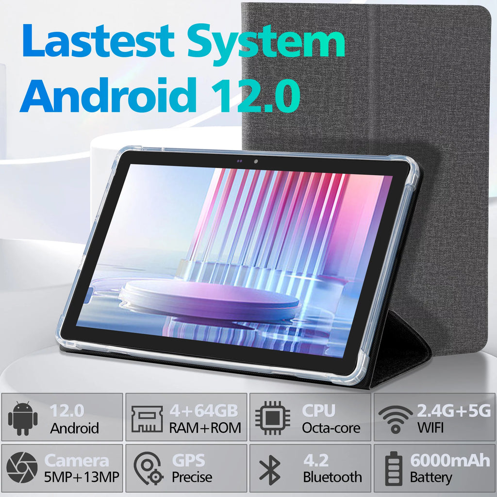 Android 12 Tablet 10.4 Inch with Case, 4GB RAM, 64GB Storage, Octa-Core, 6000mAh, Gray H624