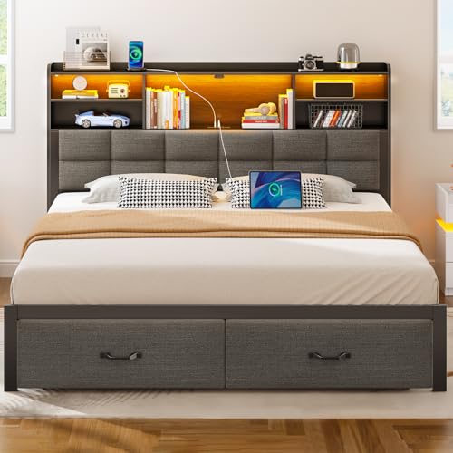 Black Full Size Upholstered Platform Bed Frame with Drawers and Storage Headboard F10228