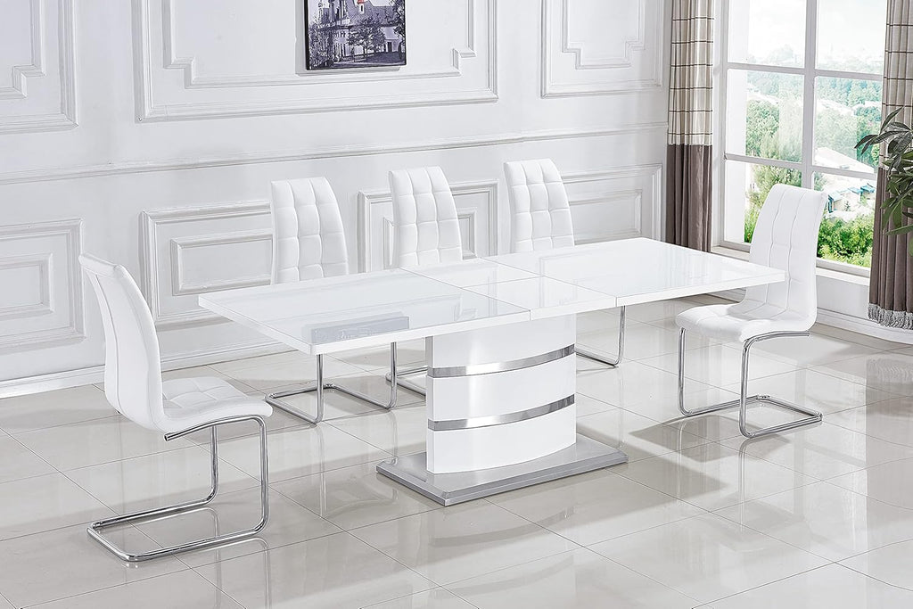 Extendable Dining Table with Butterfly Leaf, White High Gloss Lacquer MDF Base, Stainless Steel, 8 to 12 Person W801860