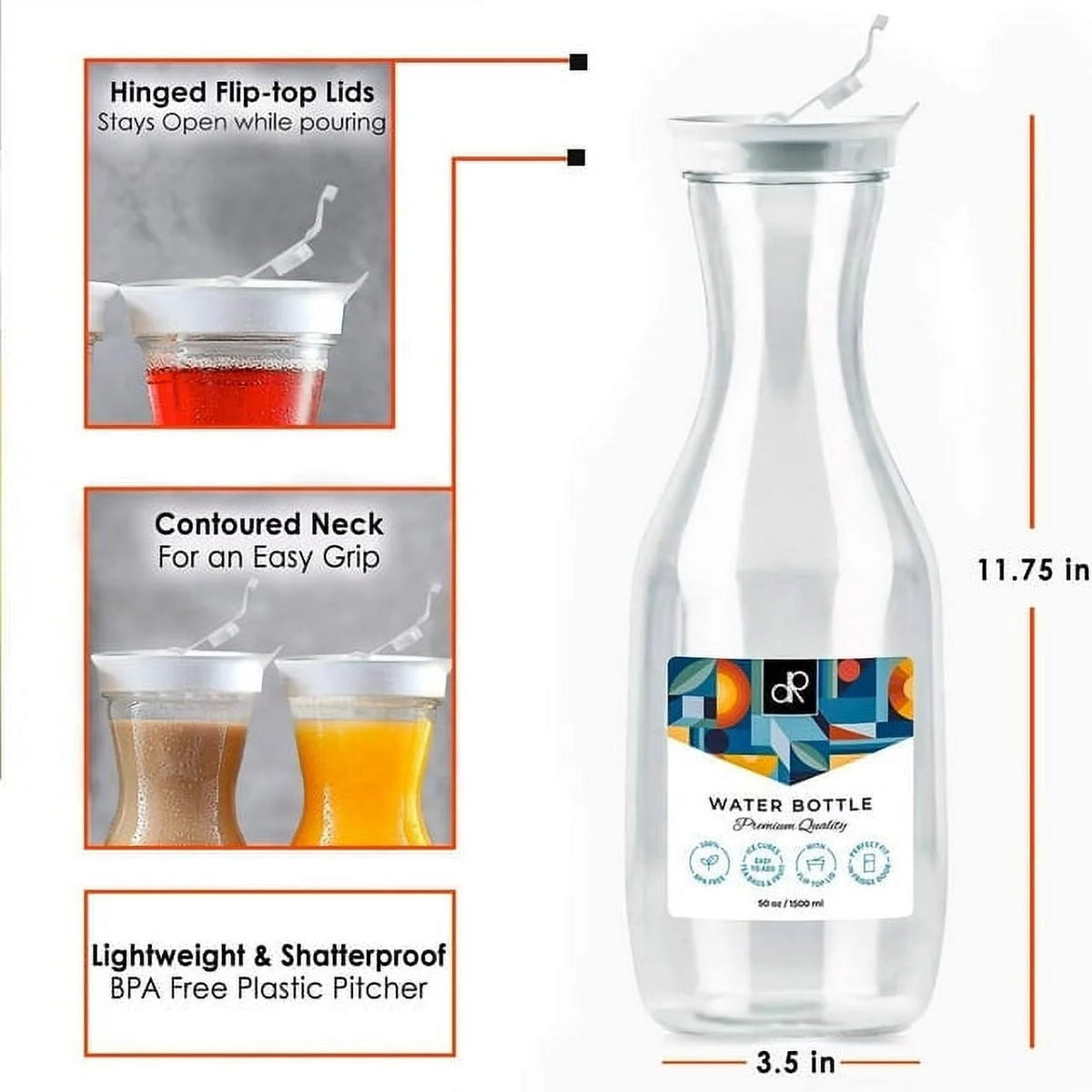 4 Large Water Carafes with Flip Top Lid, 50 oz Each, BPA Free Plastic Pitcher C545839