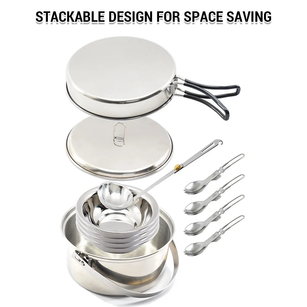 Stainless Steel Camping Cookware Set for 4 with Pot, Pan, Bowls, Folding Sporks V31346