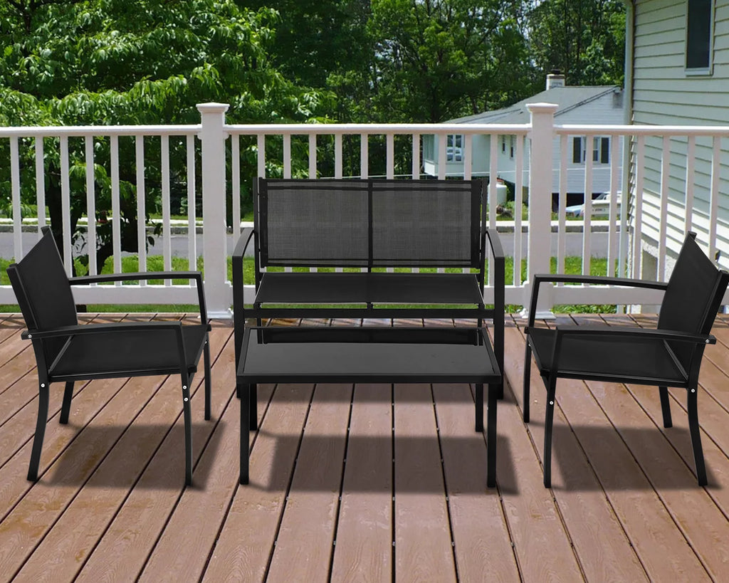4 Piece Patio Conversation Set with Tempered Glass Tabletop Black L41261