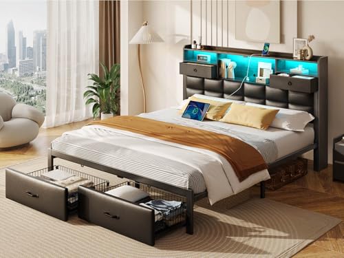 Black Full Size Upholstered Platform Bed Frame with Drawers and Storage Headboard F10228