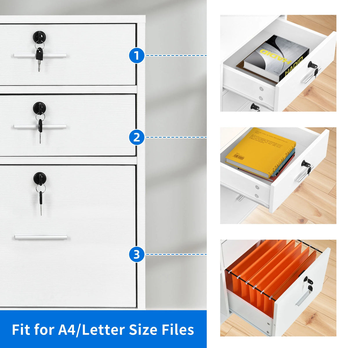 White 3 Drawer File Cabinet with Charging Station D92366