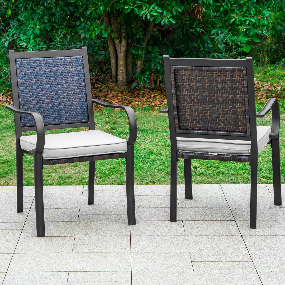 2-Piece Patio Rattan Wicker Armrest Chairs with Beige Cushion P504