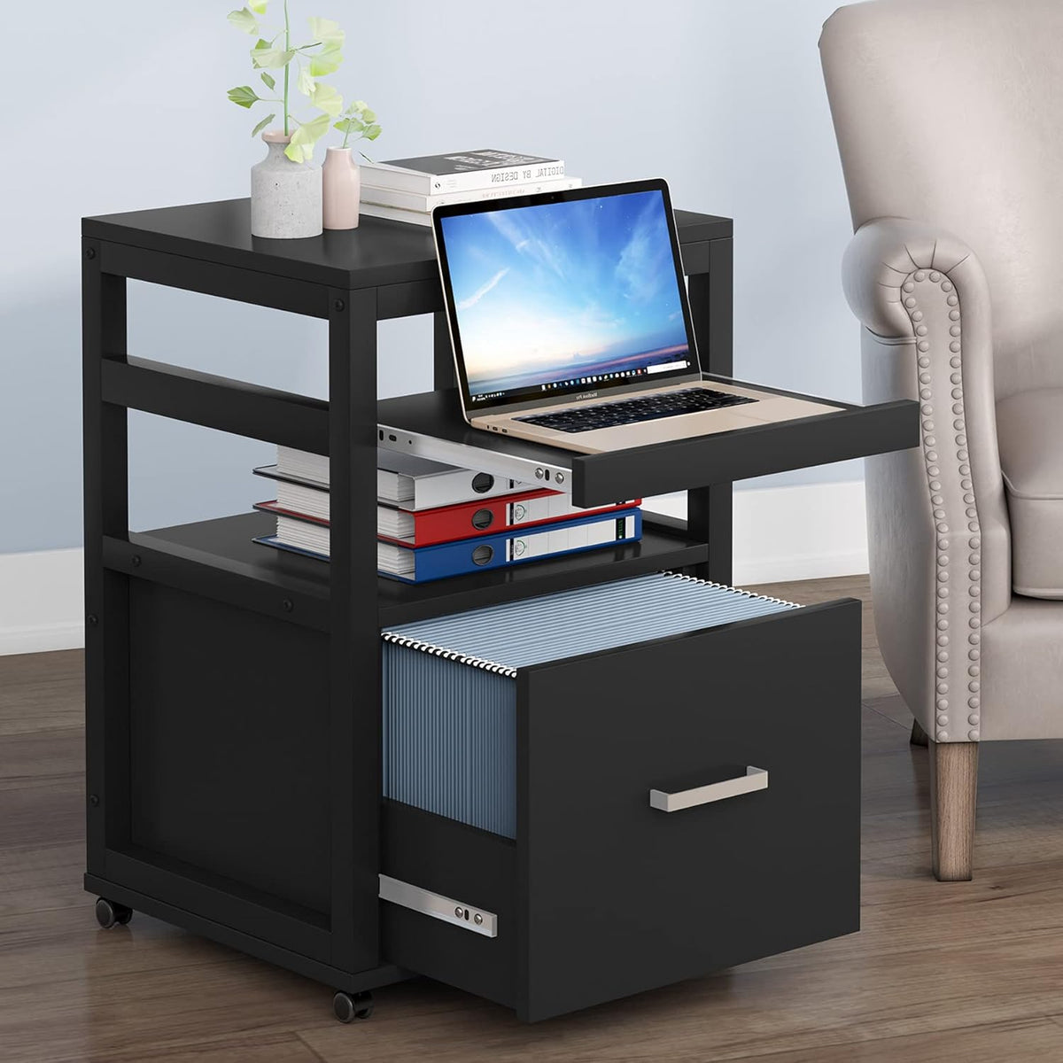Black Rolling File Cabinet with Drawer and Storage Shelves O7441