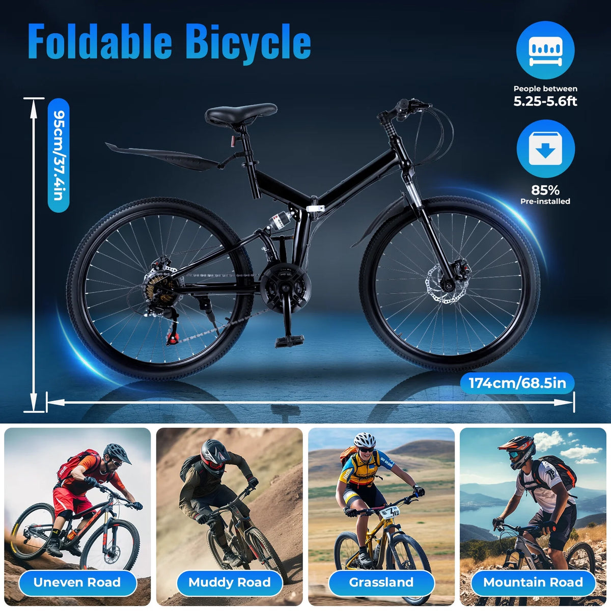 26 Inch 21 Speed Folding Mountain Bike Full Suspension Dual Disc Brakes Black E1621