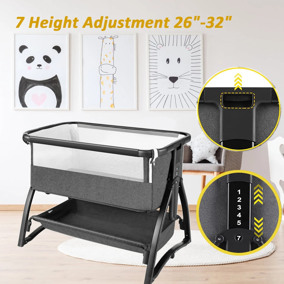 Baby Bassinet Bedside Sleeper Adjustable 7-Level Portable Bed Light Gray T579
