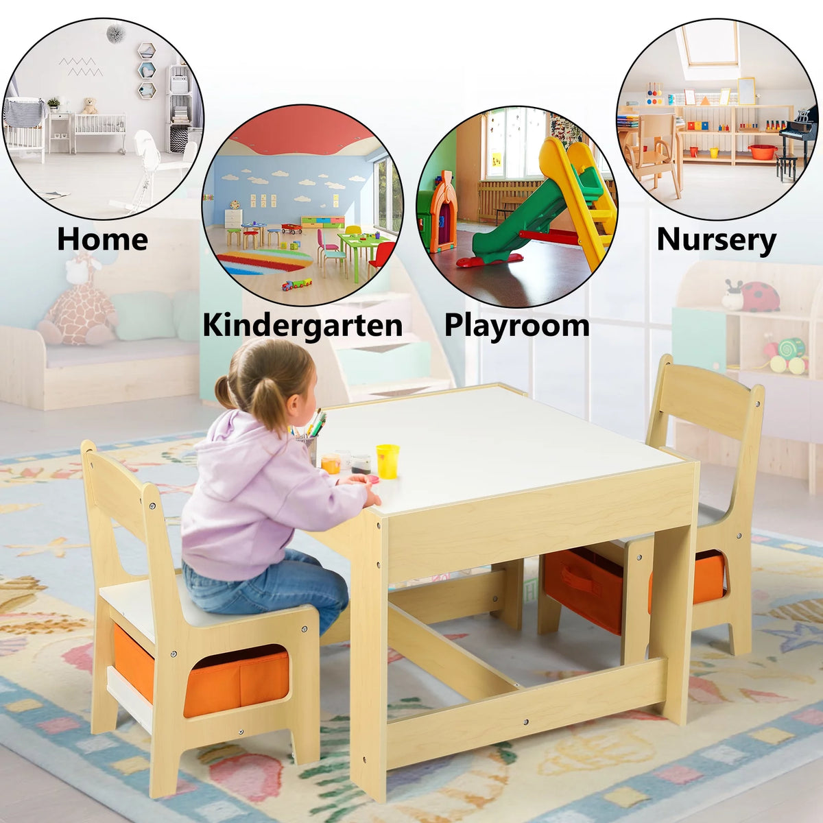 3 in 1 Kids Wood Table & 2 Chairs Set with Storage M8114
