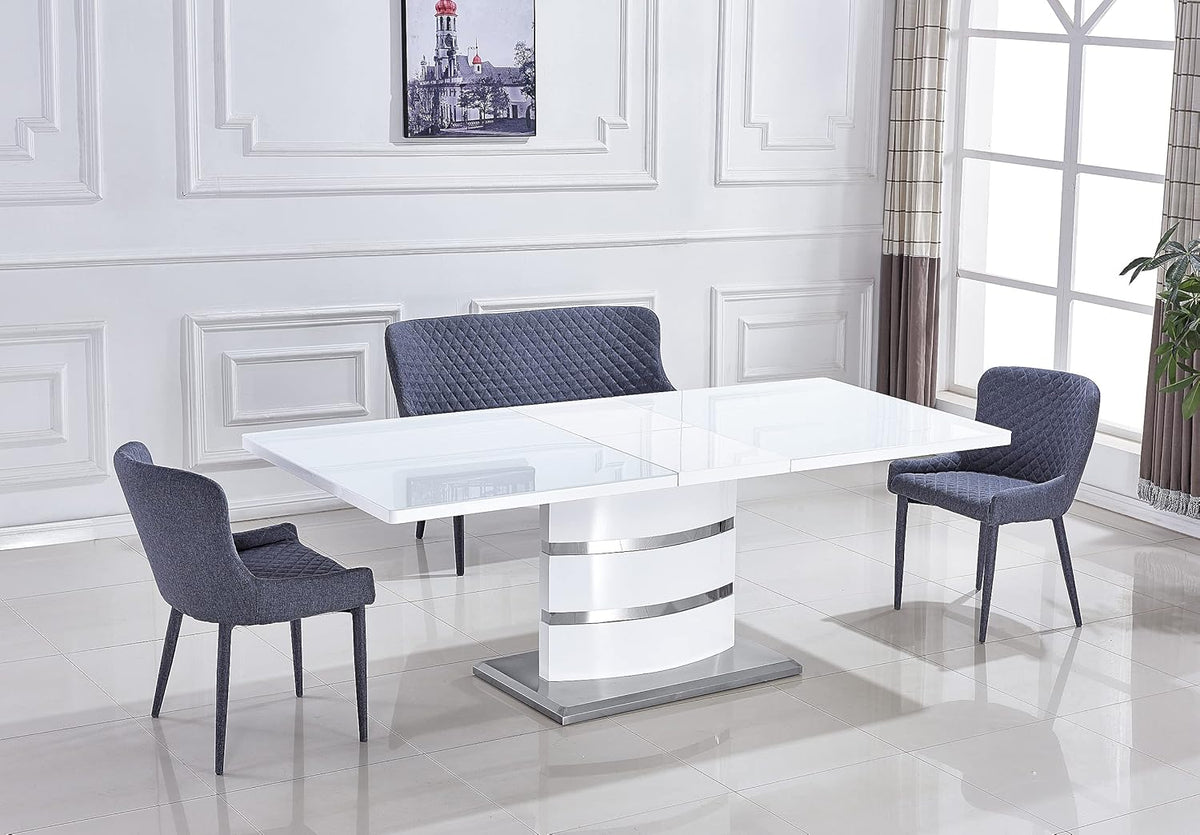 Extendable Dining Table with Butterfly Leaf, White High Gloss Lacquer MDF Base, Stainless Steel, 8 to 12 Person W801860