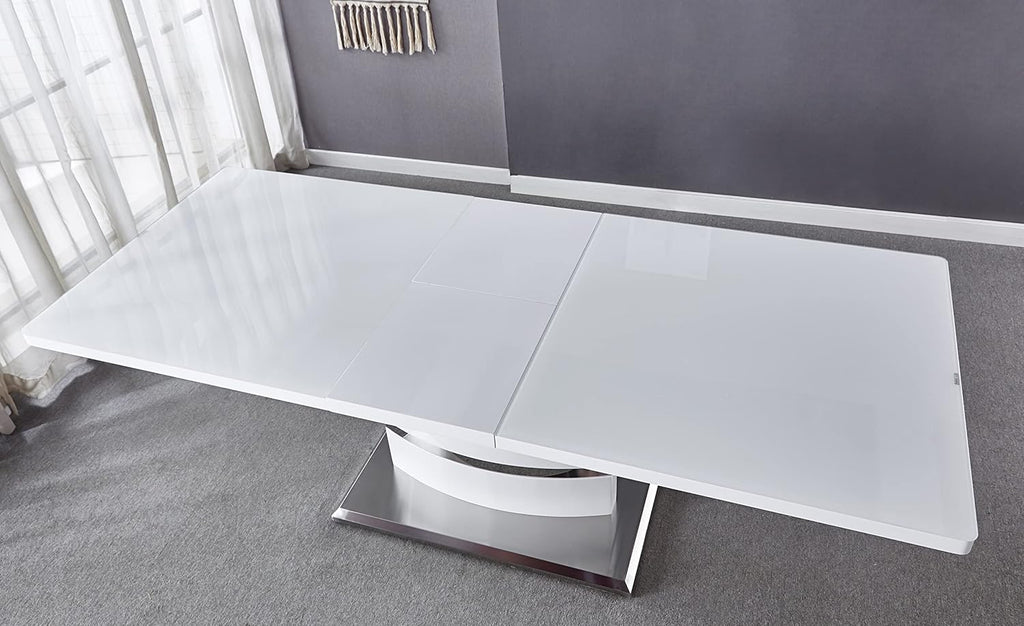 Extendable Dining Table with Butterfly Leaf, White High Gloss Lacquer MDF Base, Stainless Steel, 8 to 12 Person W801860