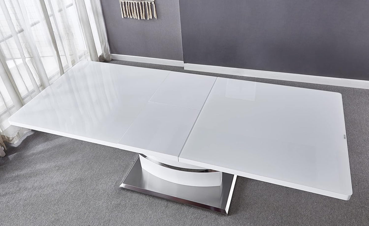 Extendable Dining Table with Butterfly Leaf, White High Gloss Lacquer MDF Base, Stainless Steel, 8 to 12 Person W801860