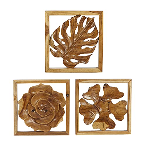Set of 6 Brown Teak Wood Wall Sculpture E16314