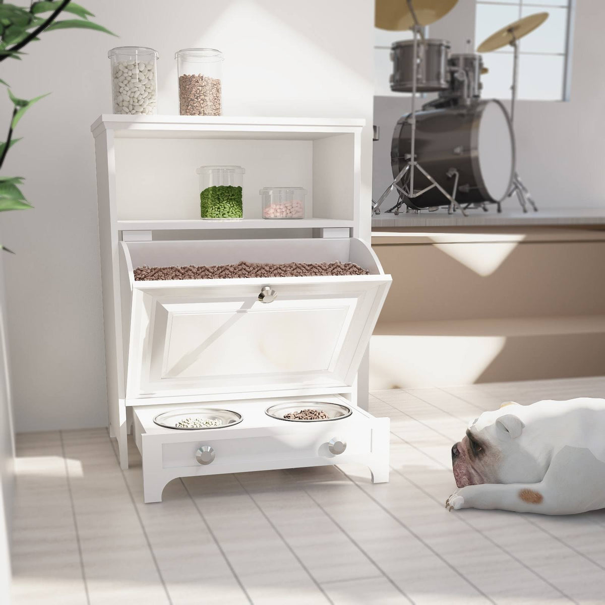 White Pet Feeding Station with Food Storage Cabinet T918391
