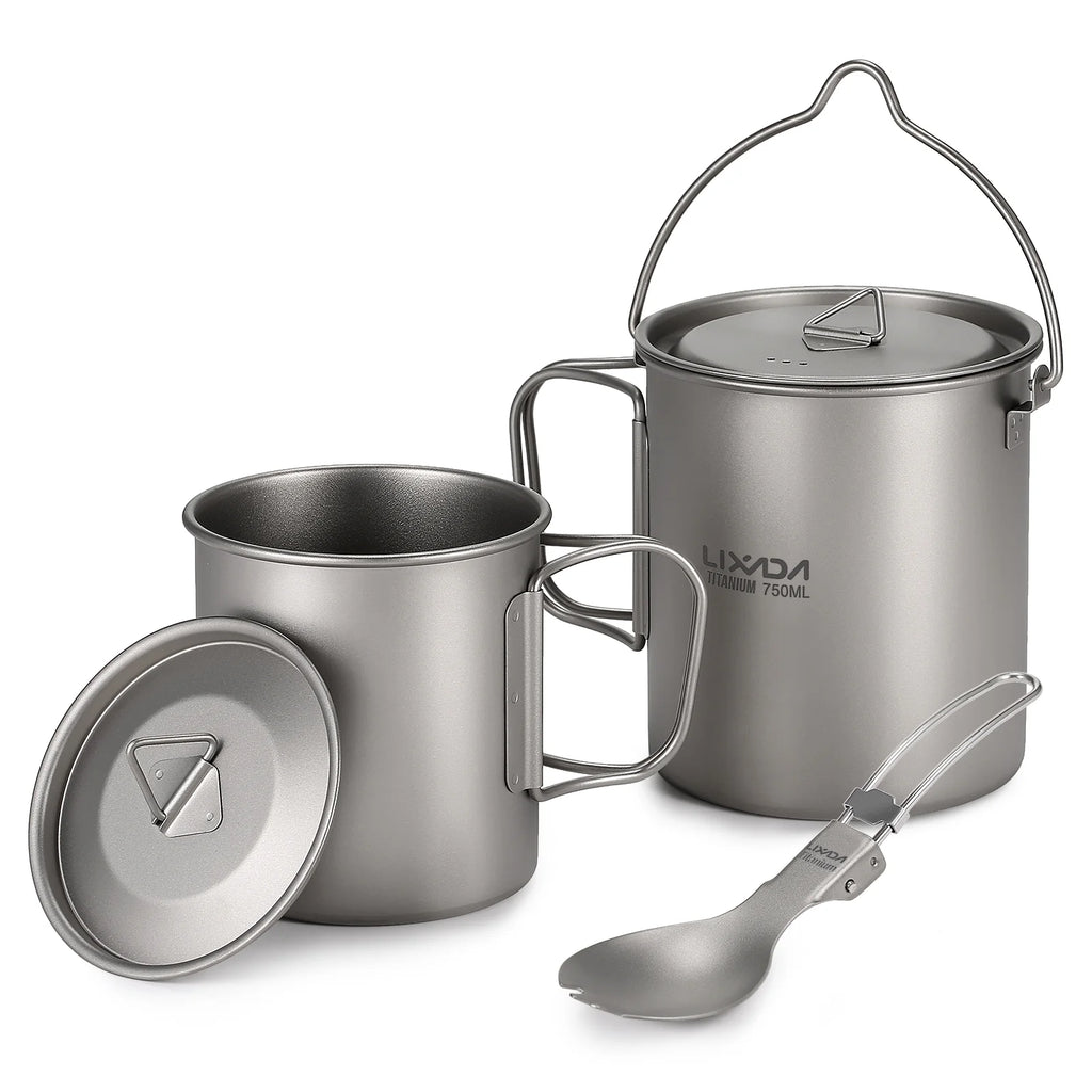 Titanium 3 Pieces Set 750ml Pot 450ml Cup with Lid Folding Spork R811