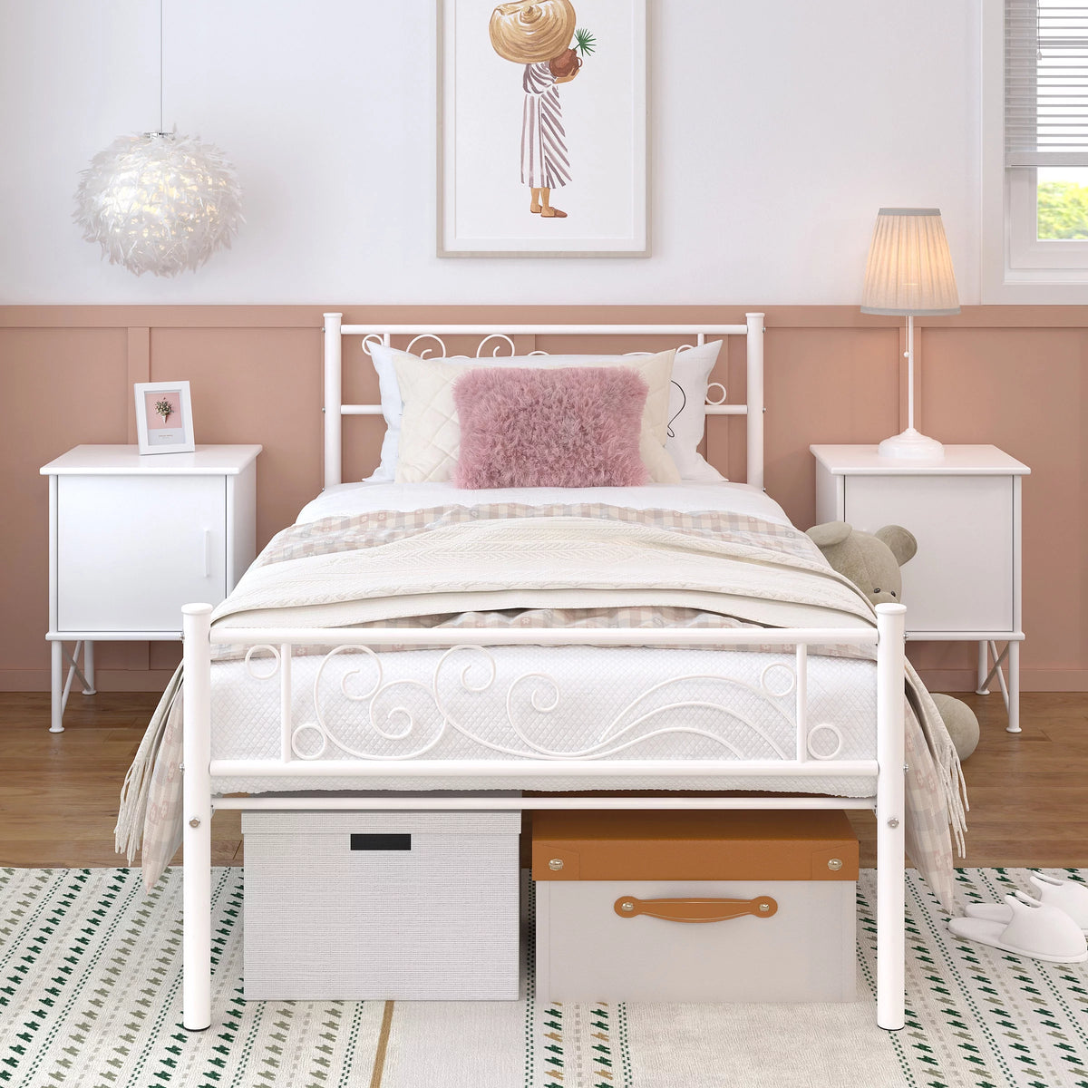White Twin Size Metal Platform Bed Frame with Wave Headboard B5207