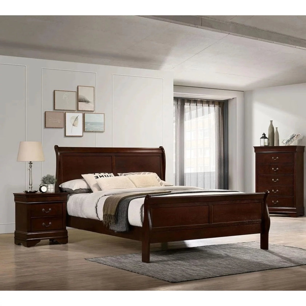 Cherry Sleigh Bed Queen Size Solid Wood C225771