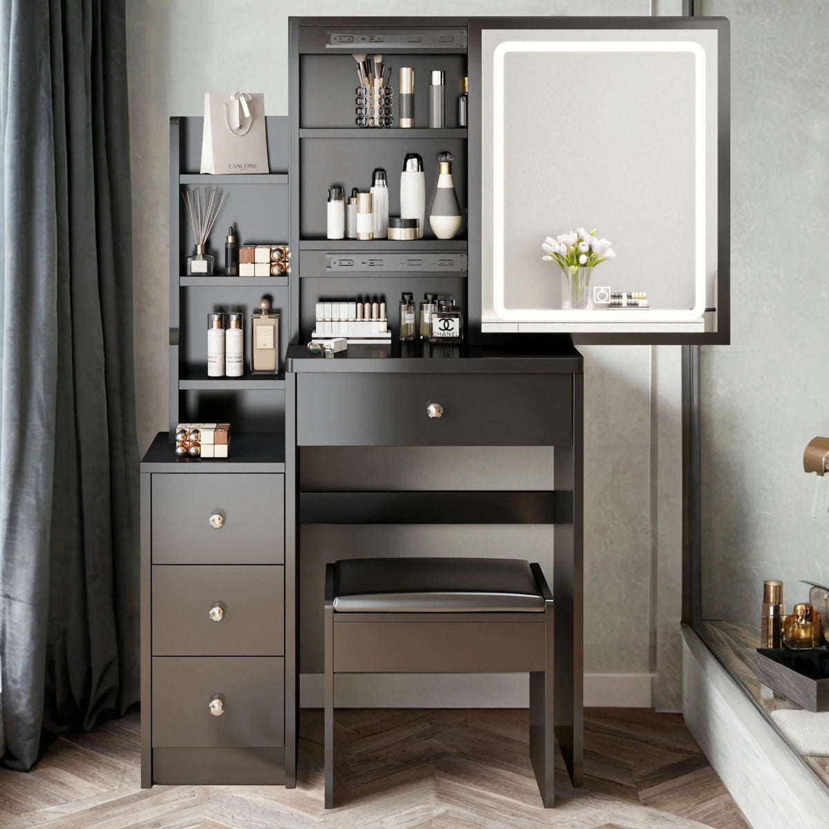 White Vanity Table with Lighted Mirror and Stool E102274