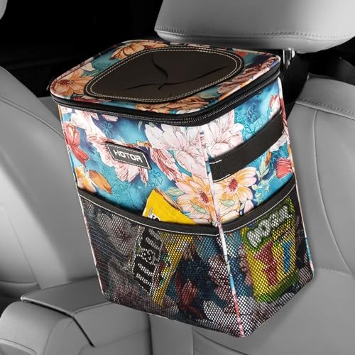 Black 2 Gallon Car Trash Can with Lid and Storage Pockets R9476