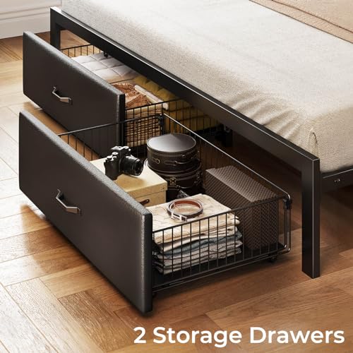 Black Full Size Upholstered Platform Bed Frame with Drawers and Storage Headboard F10228