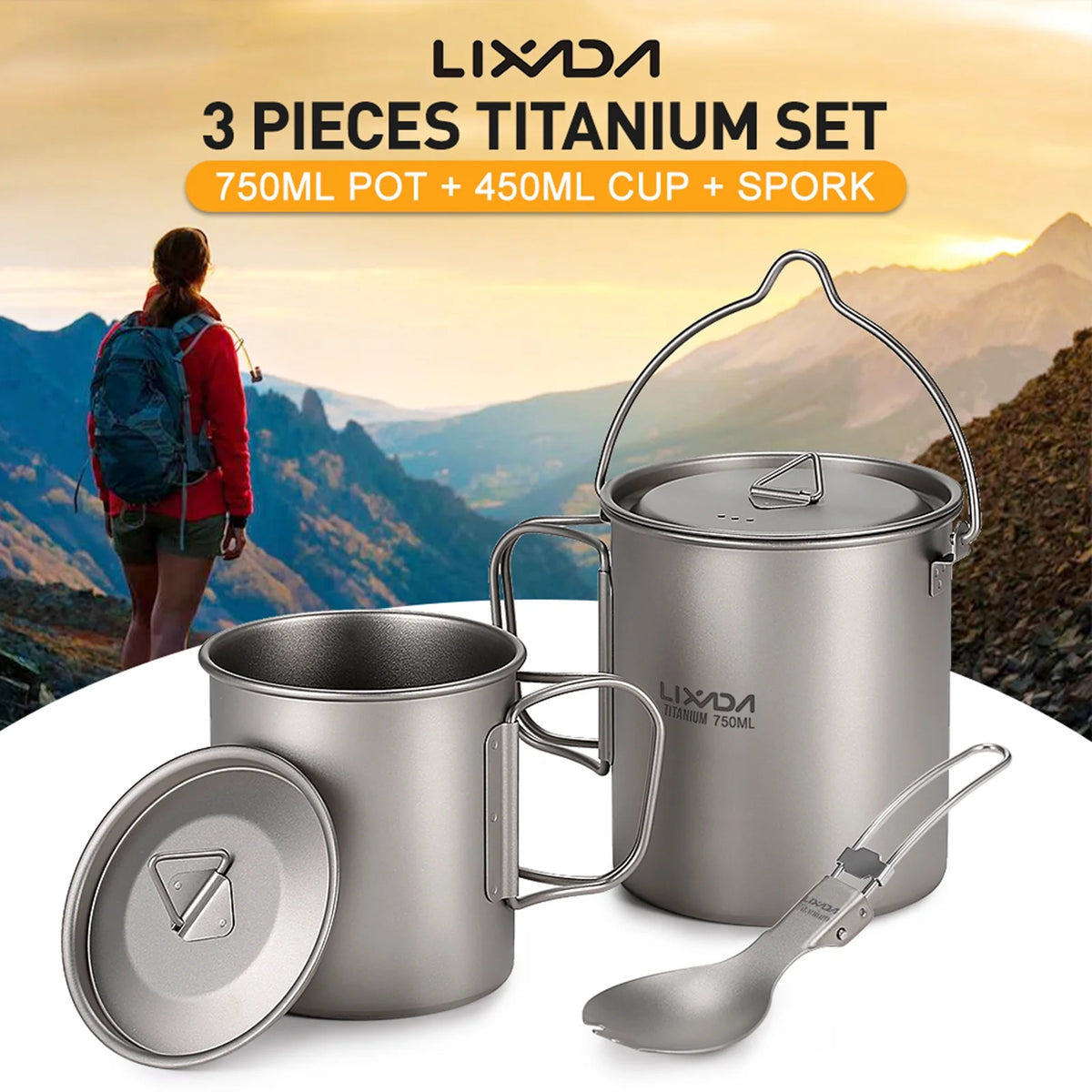 Titanium 3 Pieces Set 750ml Pot 450ml Cup with Lid Folding Spork R811