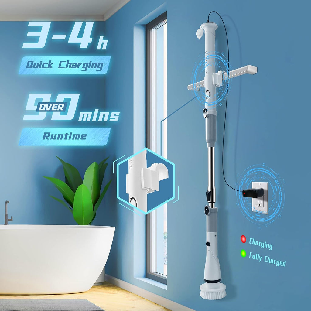 Electric Spin Scrubber with Adjustable Extension Handle & 4 Replaceable Brush Heads C376649