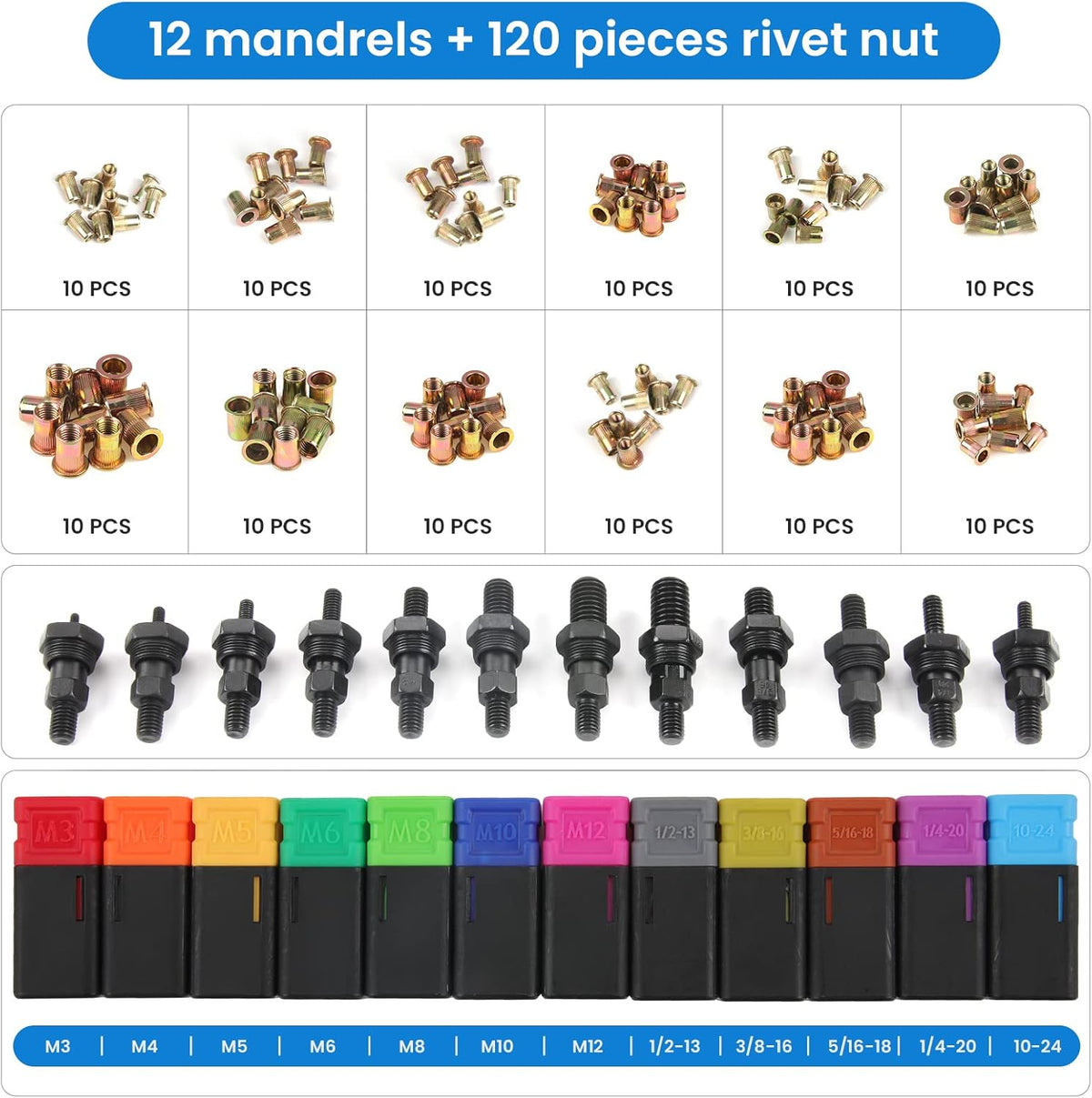 16" Rivet Tool Kit with 120PCS Rivet Nuts & Plastic Case P2611