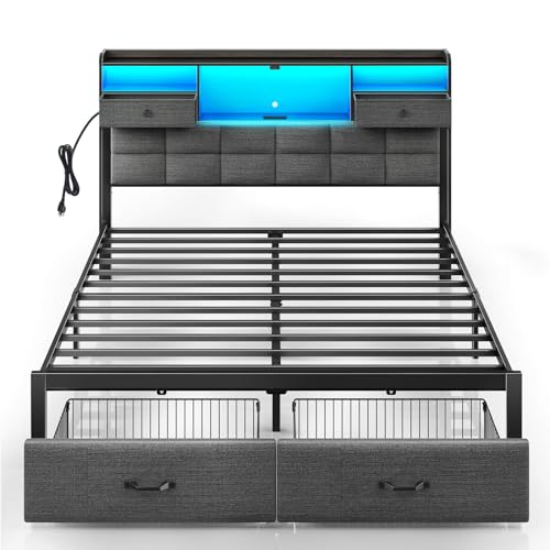 Black Full Size Upholstered Platform Bed Frame with Drawers and Storage Headboard F10228