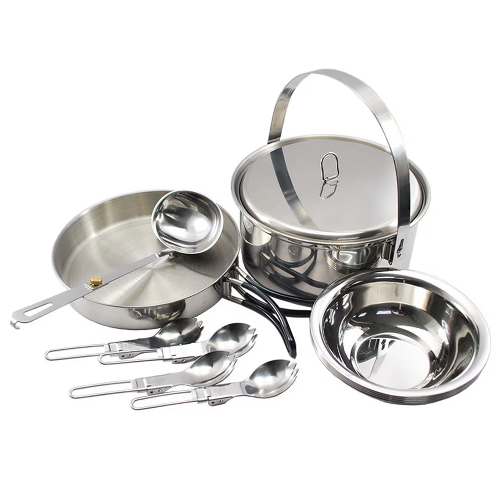 Stainless Steel Camping Cookware Set for 4 with Pot, Pan, Bowls, Folding Sporks V31346