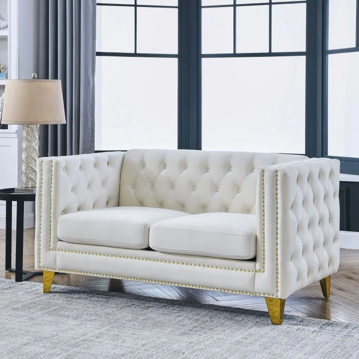 Beige Velvet 2 Seater Tufted Sofa G78590