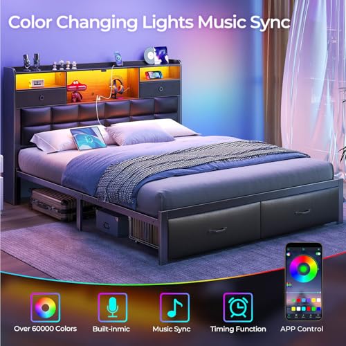 Black Full Size Upholstered Platform Bed Frame with Drawers and Storage Headboard F10228