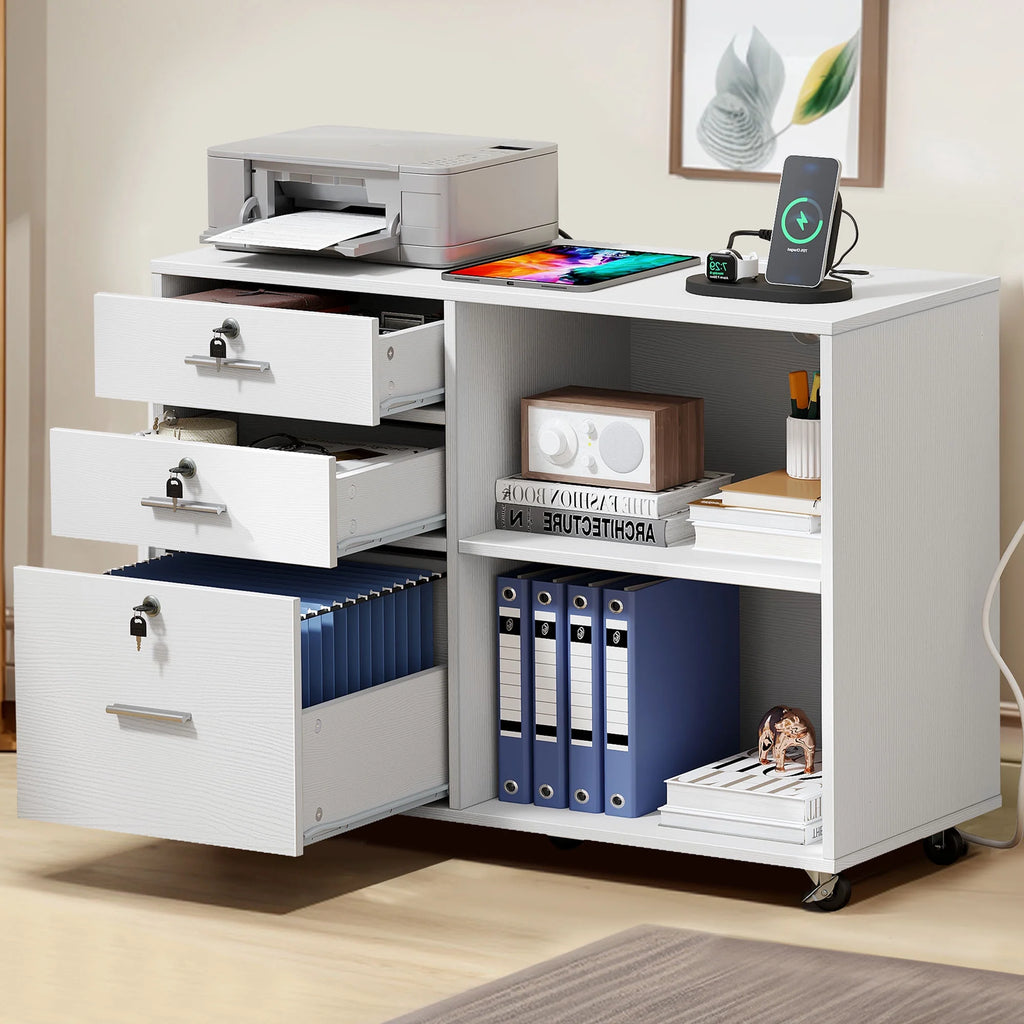 White 3 Drawer File Cabinet with Charging Station D92366