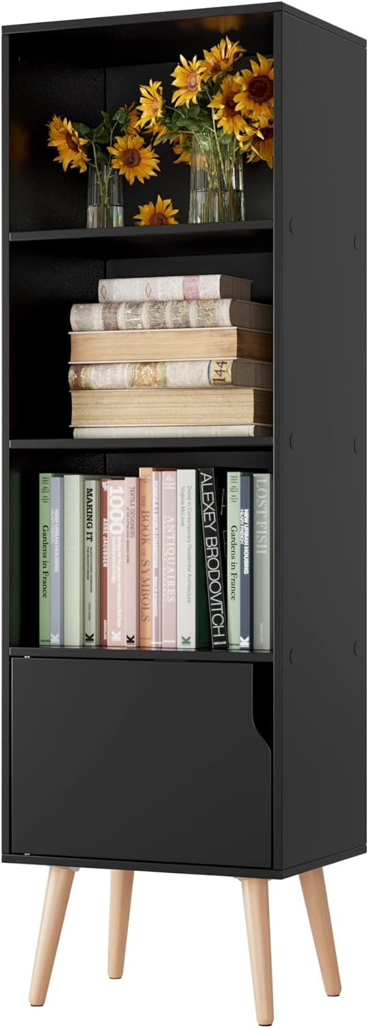 4 Tier Wooden Display Bookshelf, Bathroom Floor Cabinet with 4 Legs, Freestanding Side Corner Storage Cabinet Decor Furniture for Home Office, White/Dark Oak Z15345