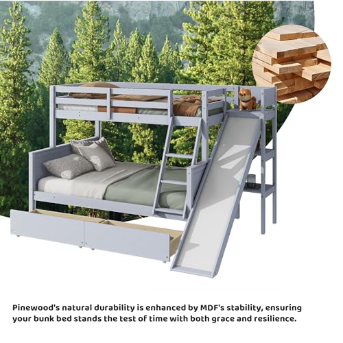 Twin Over Full Wood Bunk Bed with Slide and Storage Drawers H79311