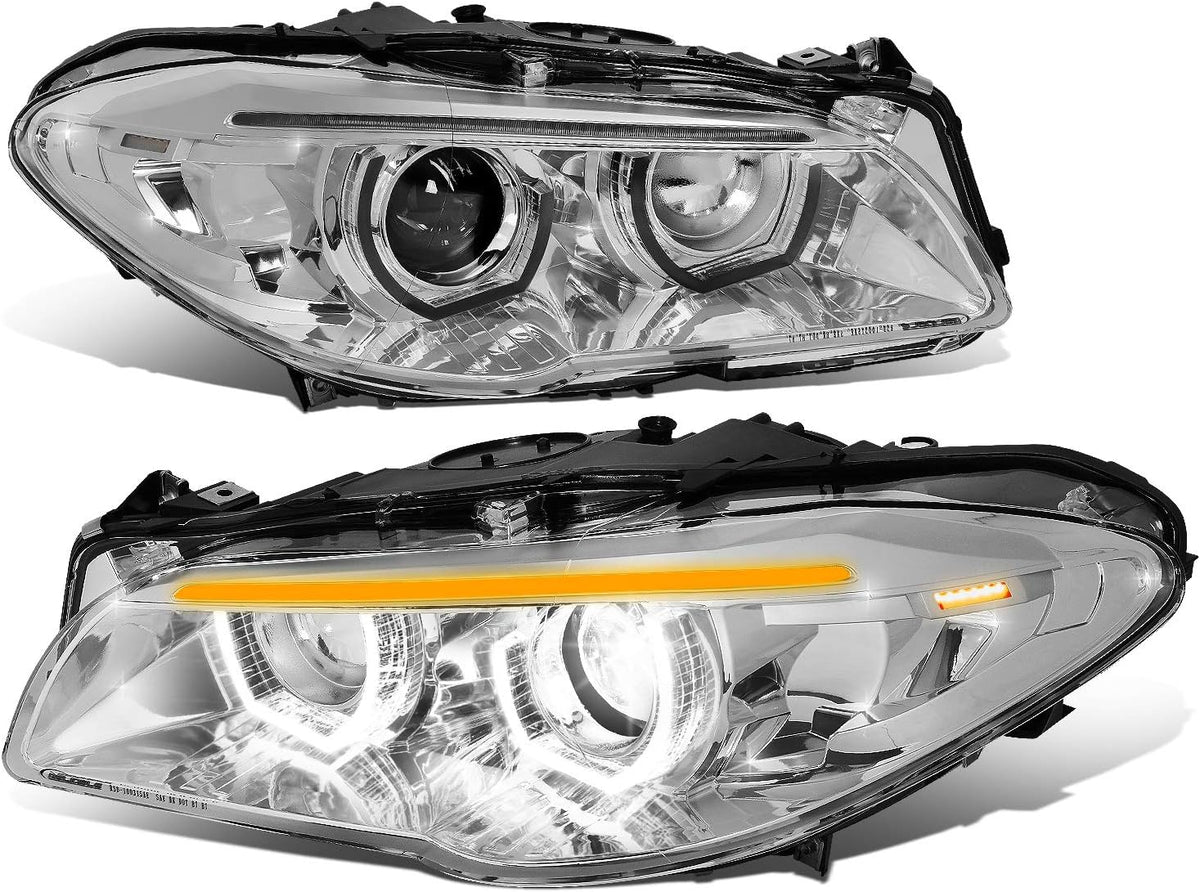 Sequential Turn Signal LED Halo Projector Headlights Assembly for BMW F10 11-13, Chrome Housing, Clear Lens A7504