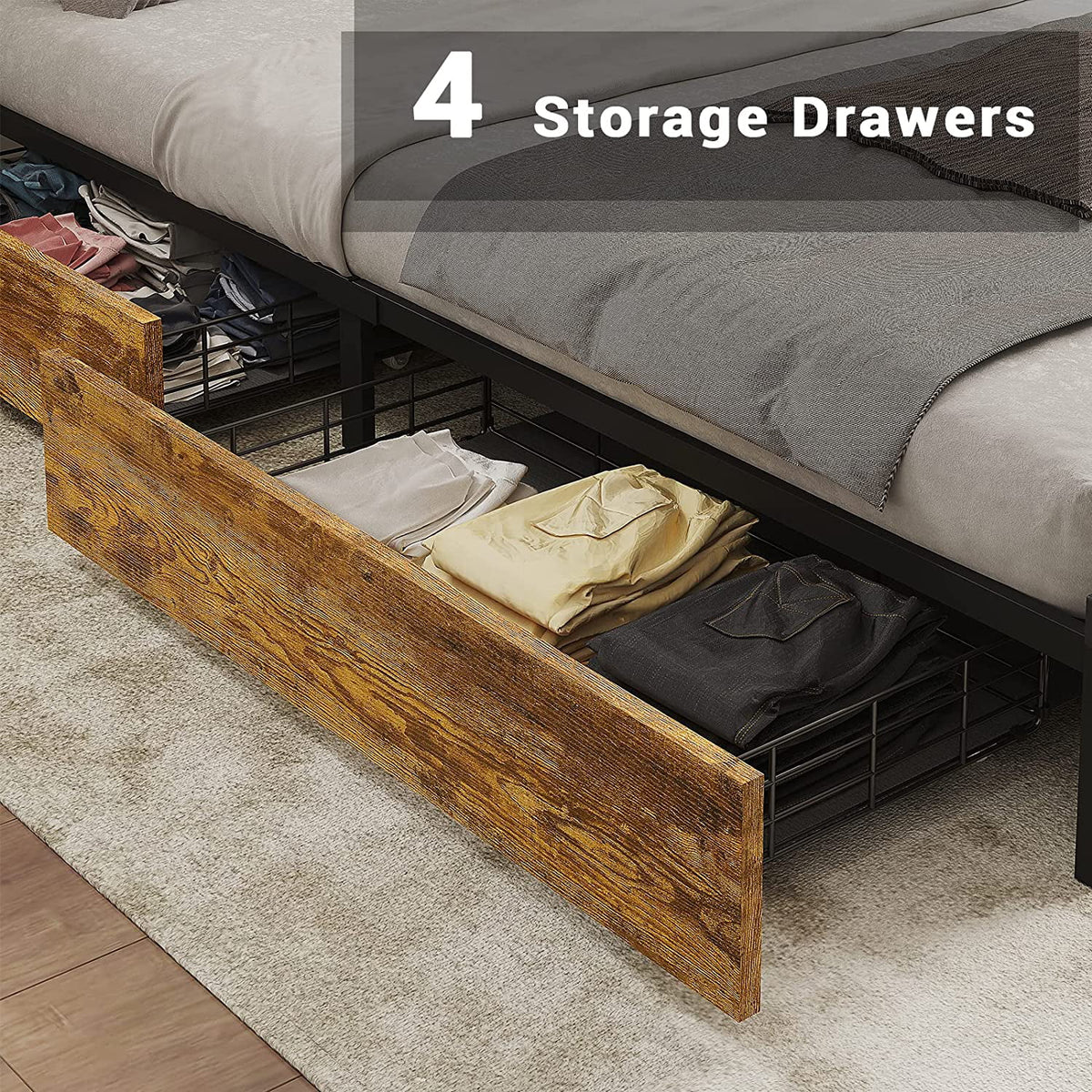 Queen Bed Frame with LED Lights Headboard & 4 Storage Drawers V2532