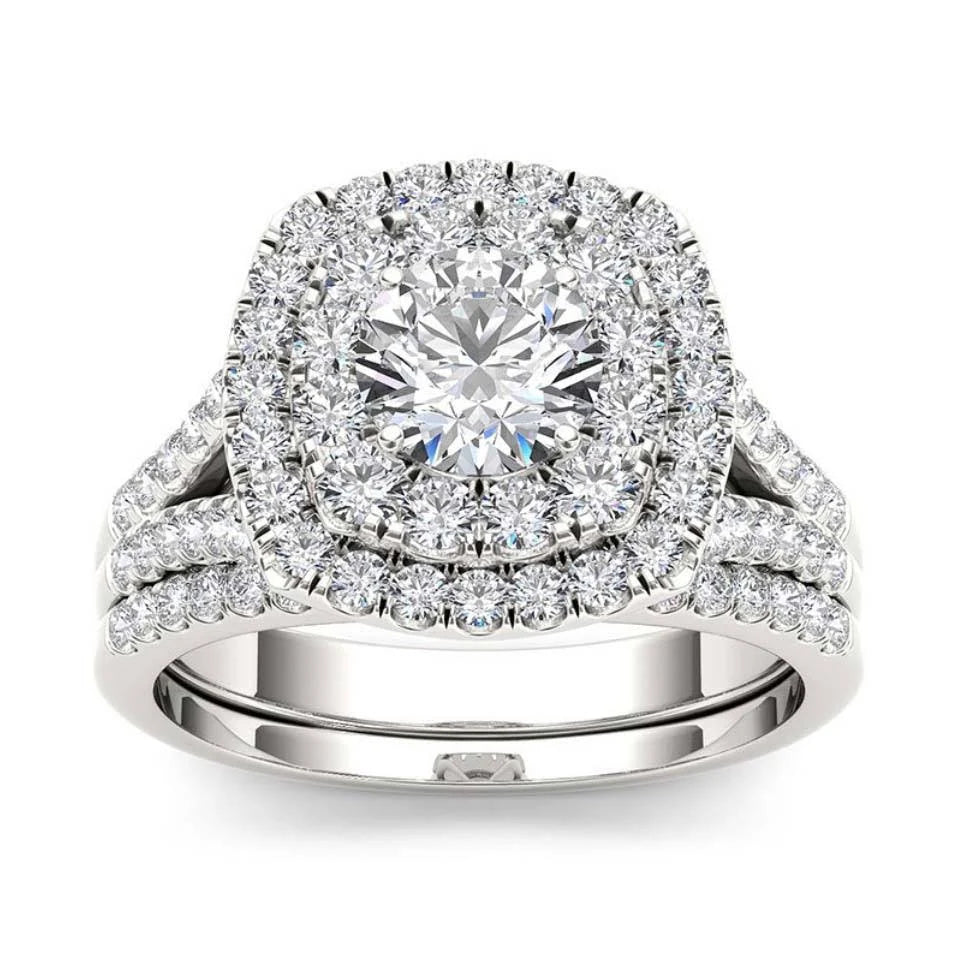 White Sapphire Sterling Silver Double Halo Bridal Sets H775903