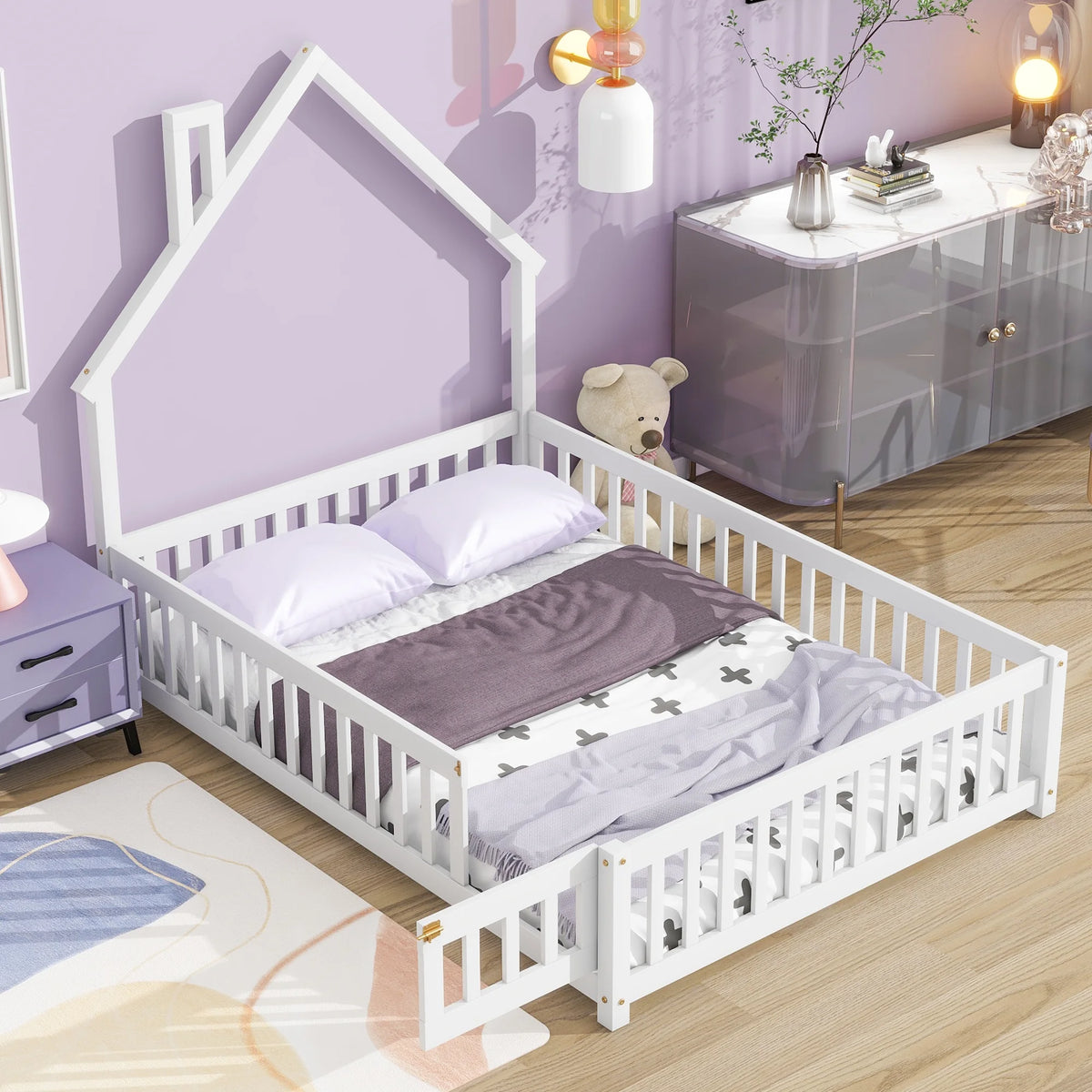 White Full Size House Platform Bed with Guardrails A4974