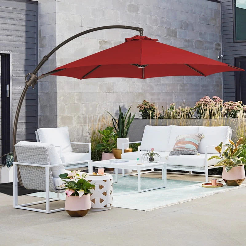 11ft Curvy Cantilever Offset Hanging Patio Umbrella with Base, Beige C21906